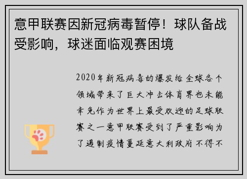 意甲联赛因新冠病毒暂停！球队备战受影响，球迷面临观赛困境